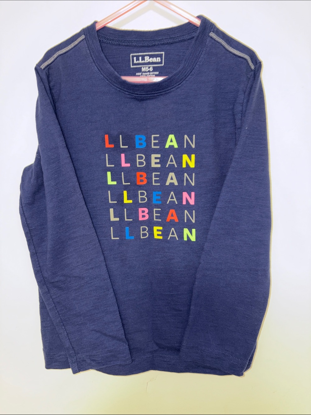 L.L.Bean Kids Long Sleeve Logo Shirt Size M 5-6 Navy Multicolor Graphic Tee